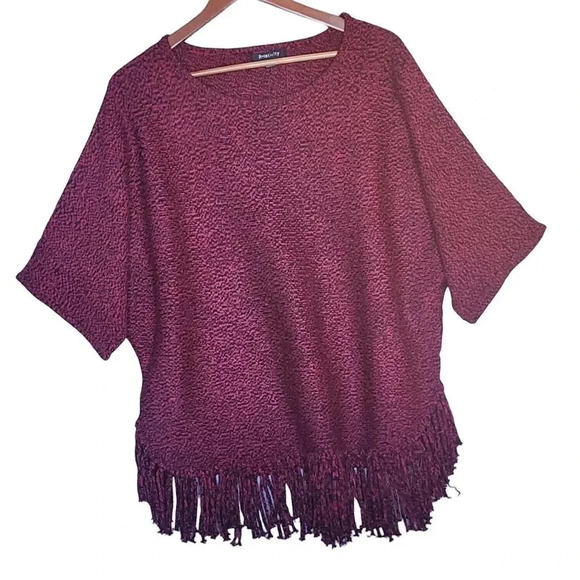Relativity Sweater Womens Size Large Red Acrylic Fringe Hem Line Short Sleeve - Picture 1 of 9